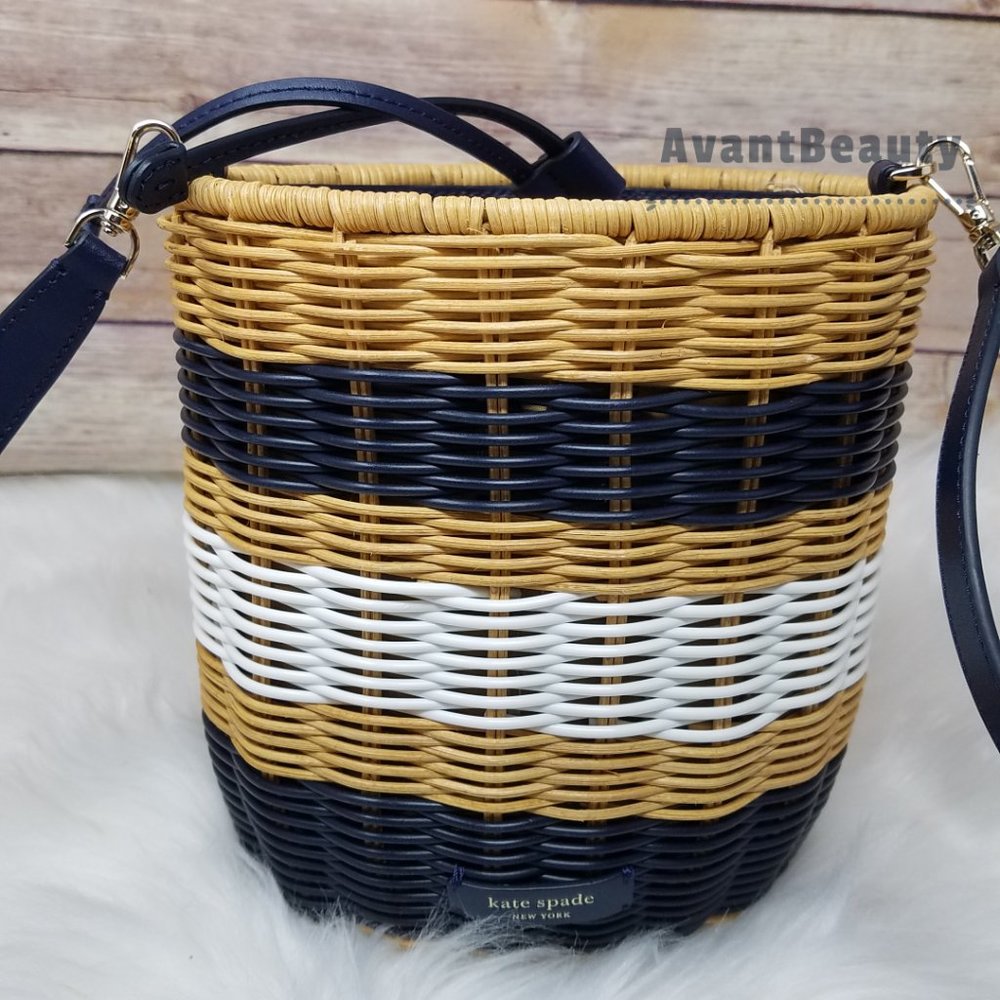 Kate Spade Medium Bucket Bag Buoy Wicker Blue Mult - Picture 2 of 16